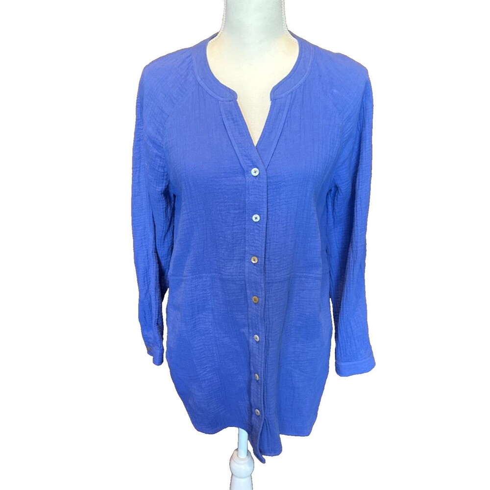 Soft Surroundings Cobalt Blue Cotton Gauze Tunic Top Size S Casual Coastal Boho